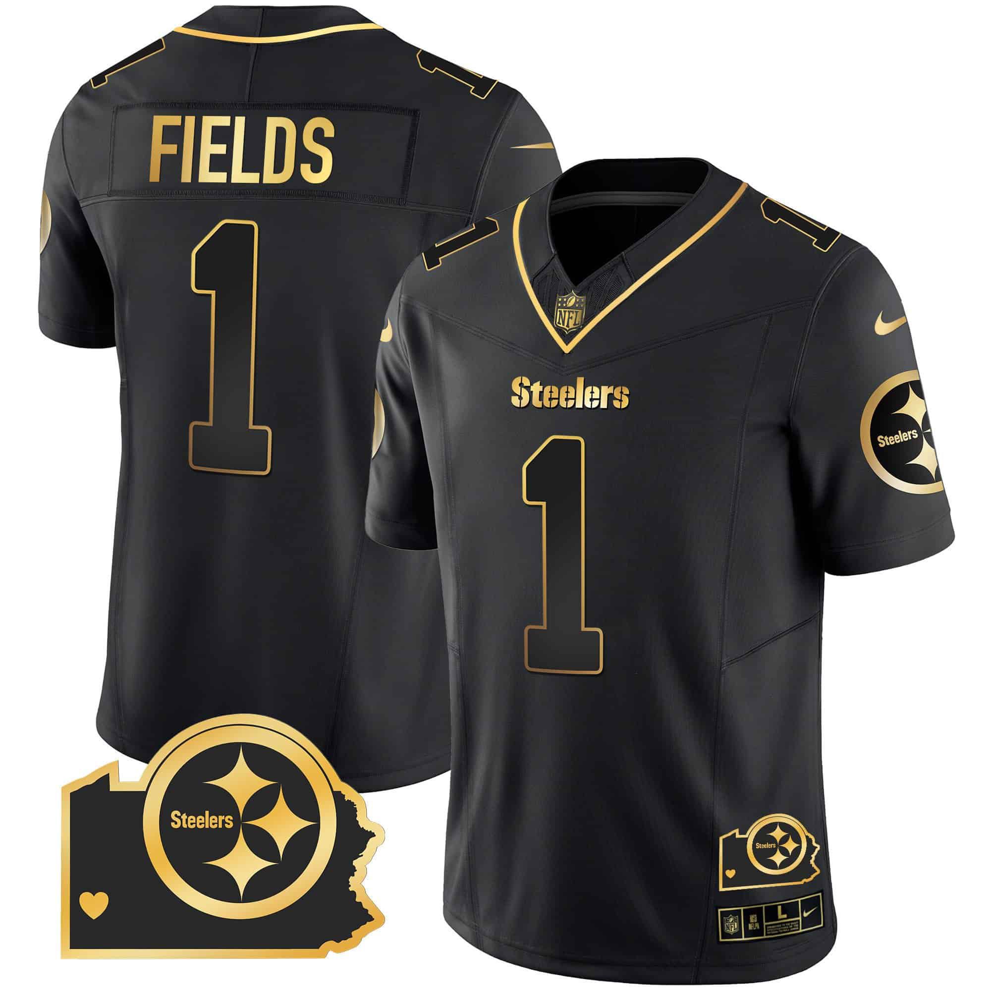 Men Pittsburgh Steelers 1 Fields Black Gold 2024 Nike Home Patch Vapor Limited NFL Jersey style 2